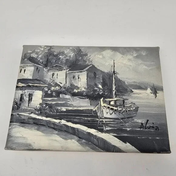 Vintage Painting Canvas Signed Small Water Scene Harbor Boat Landscape Grayscale - Picture 2 of 10
